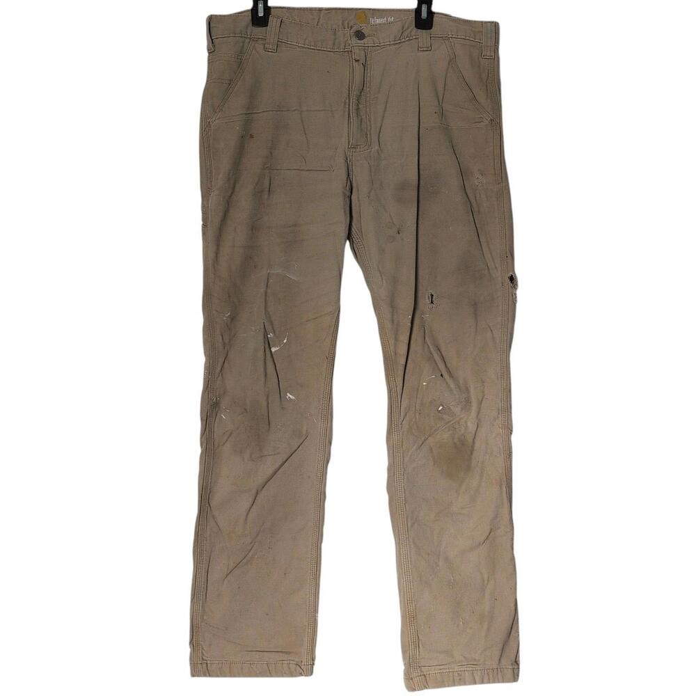 Carhartt Pants Mens 39 Khaki‎ Distressed Relaxed Fleece Lined Canvas 103342-253